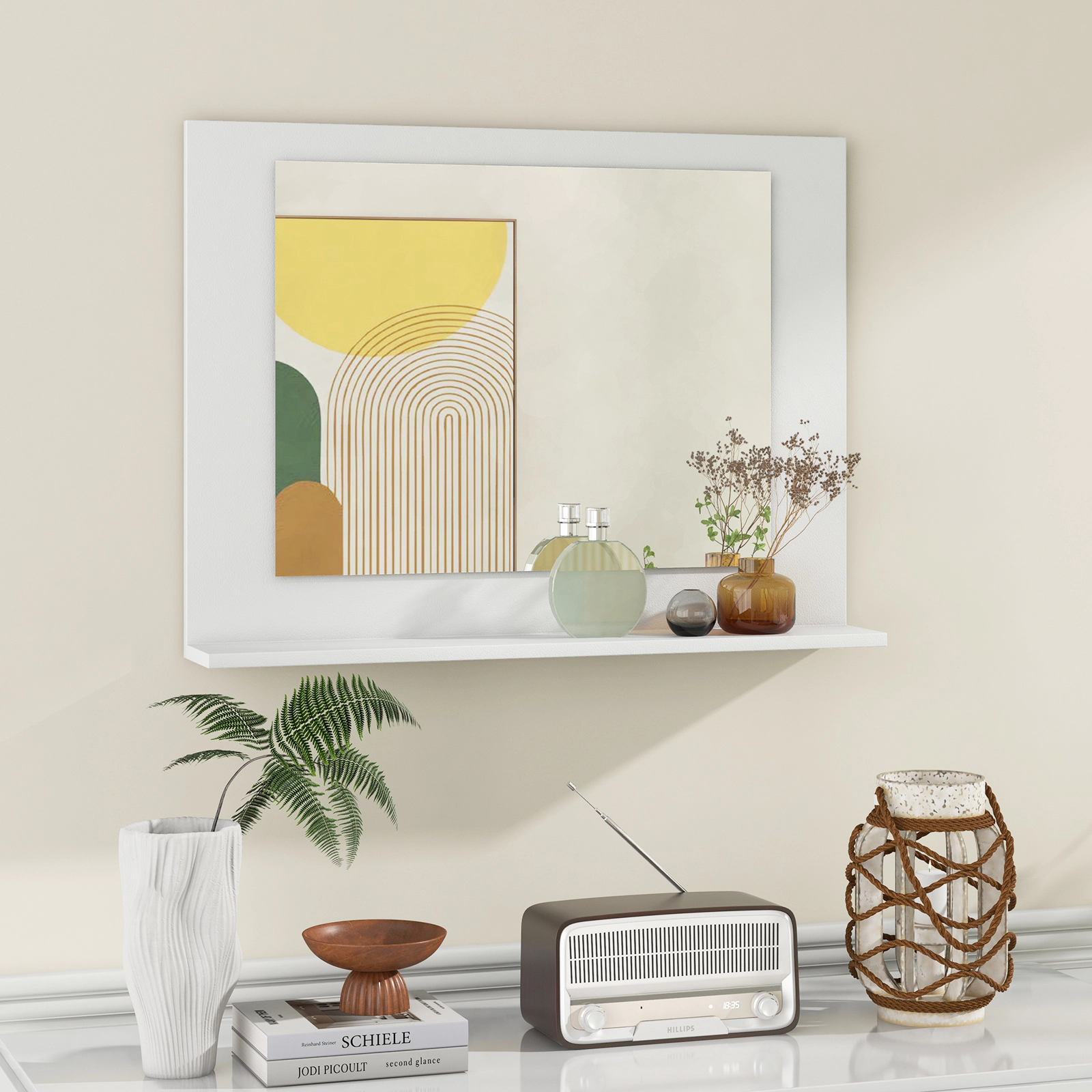 SUGIFT White 23.5-in x 17.5-in Rectangle Wood Frame Bathroom Vanity Wall Mirror with Shelf Over Sink