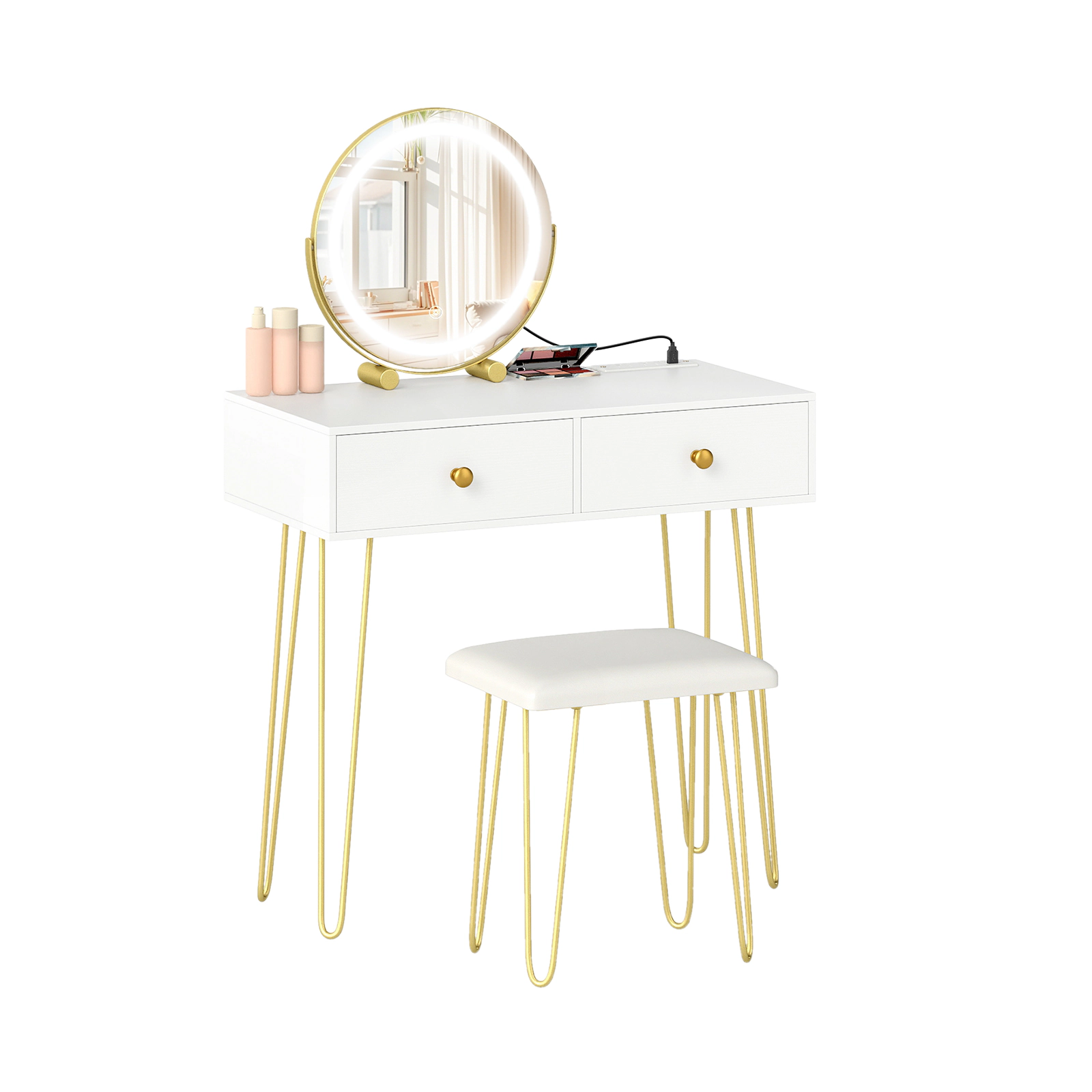 SUGIFT Vanity Desk with 16-in Round Lighted Mirror on 360-Degree Mount Metal Legs and Power Outlets