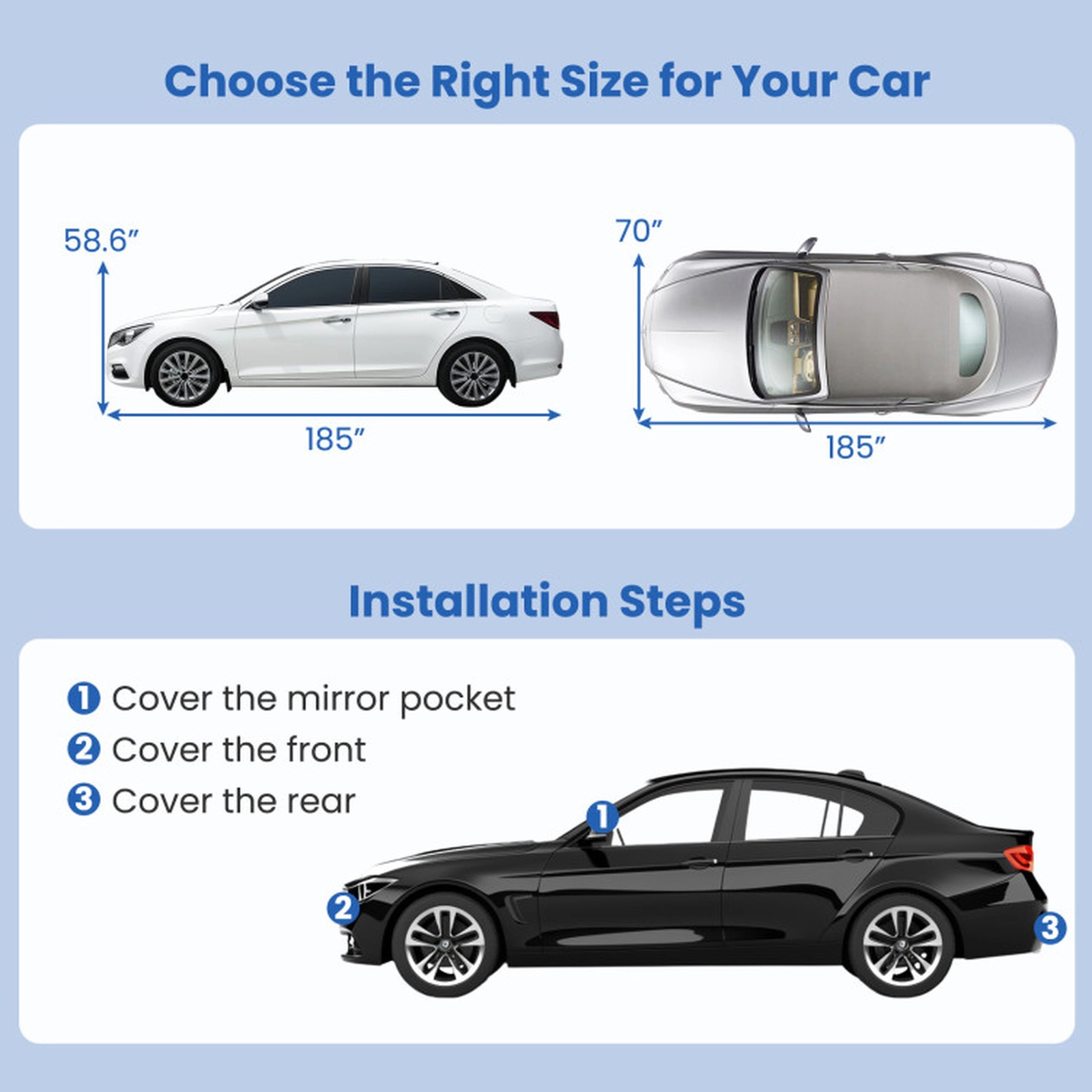 SUGIFT Silver Waterproof Sedan Car Cover with Mirror Pockets and 6 Reflective Strips 185-in W 70-in D 58.6-in H
