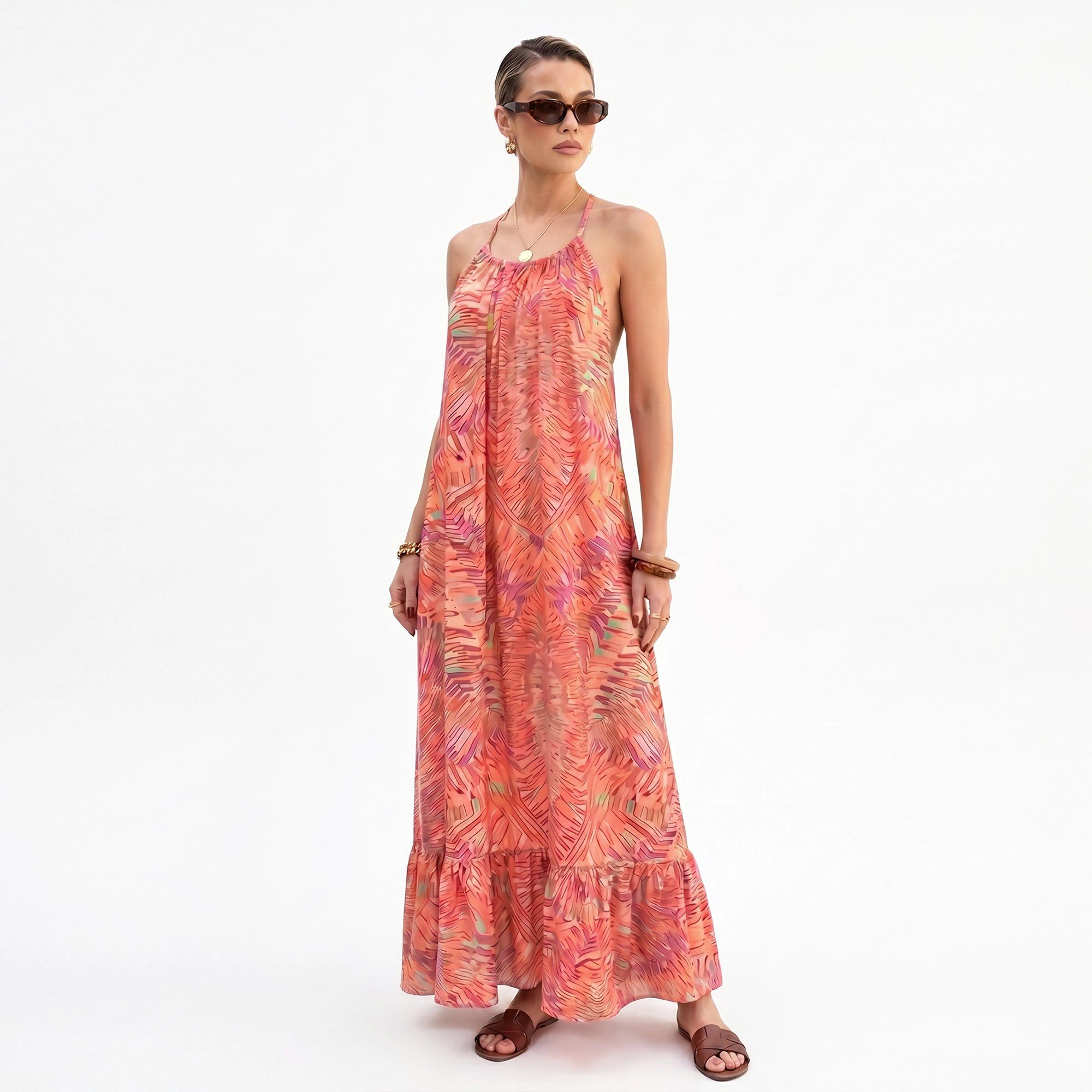 Anna-Kaci Women's Halter Open Back Tie Ruffle Hem Maxi Dress