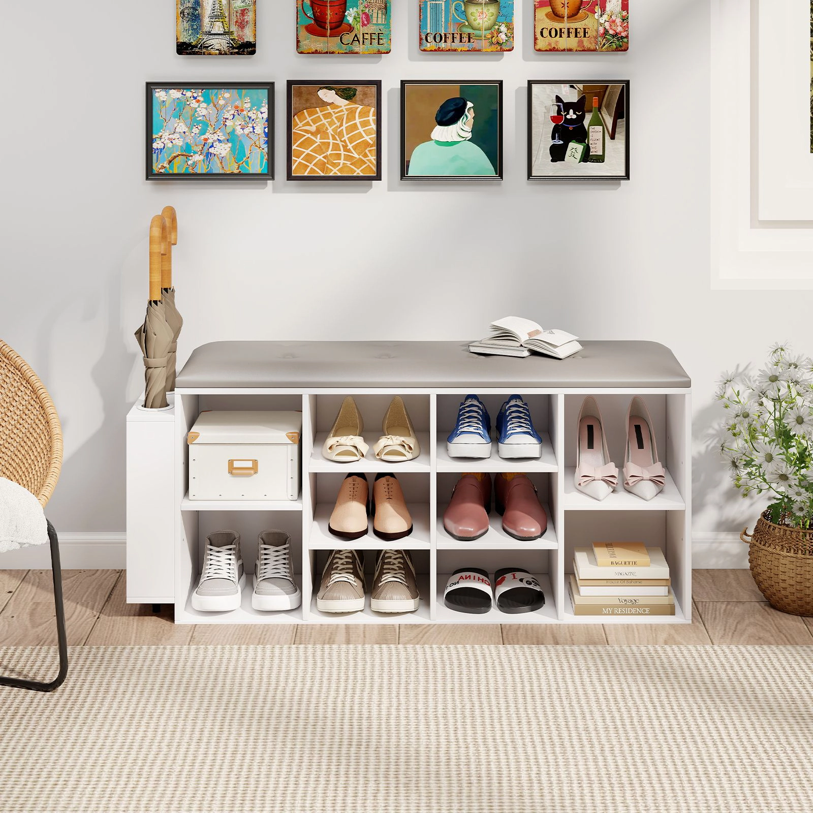 SlickBlue Entryway Shoe Bench with 10 Cubes, Umbrella Stand and Seat
