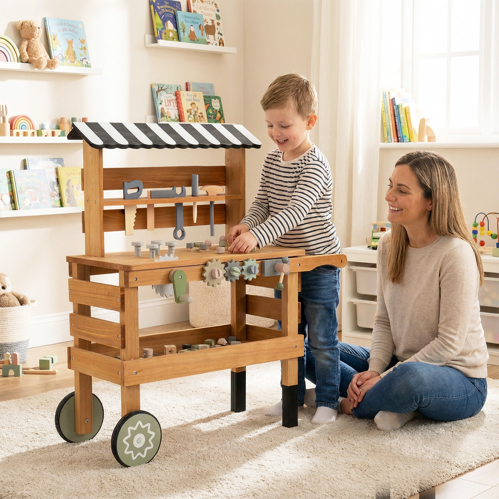 2-in-1 Kids Tool Bench and Rolling Cart with Play Tool Set and Anti-Slide Baffles 29.5-in x 12-in x 33.5-in Brown
