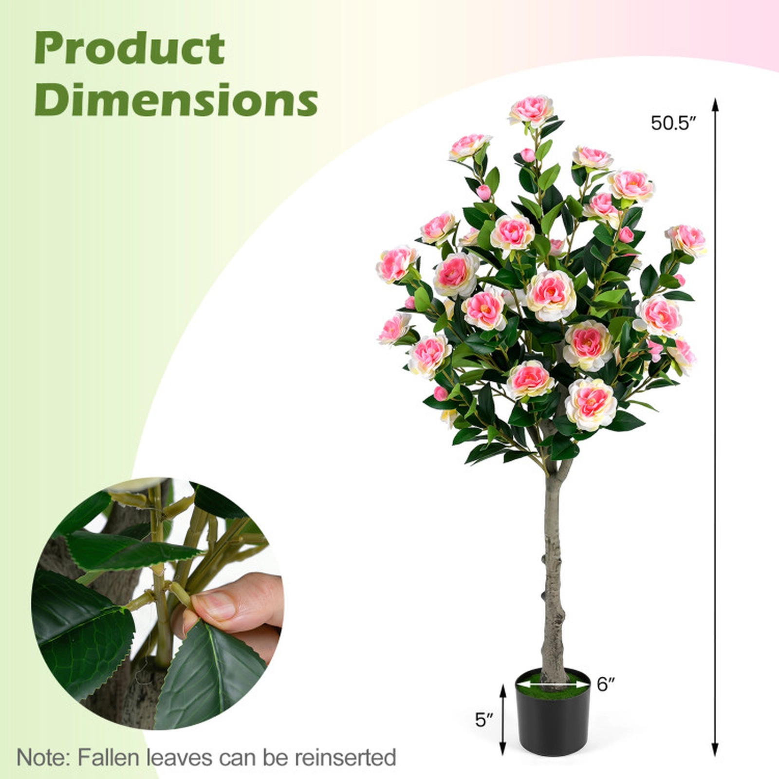 SUGIFT 50.5-in Tall Artificial Pink Camellia Tree with 27 Blossoms Green Moss and Cement-Filled Pot