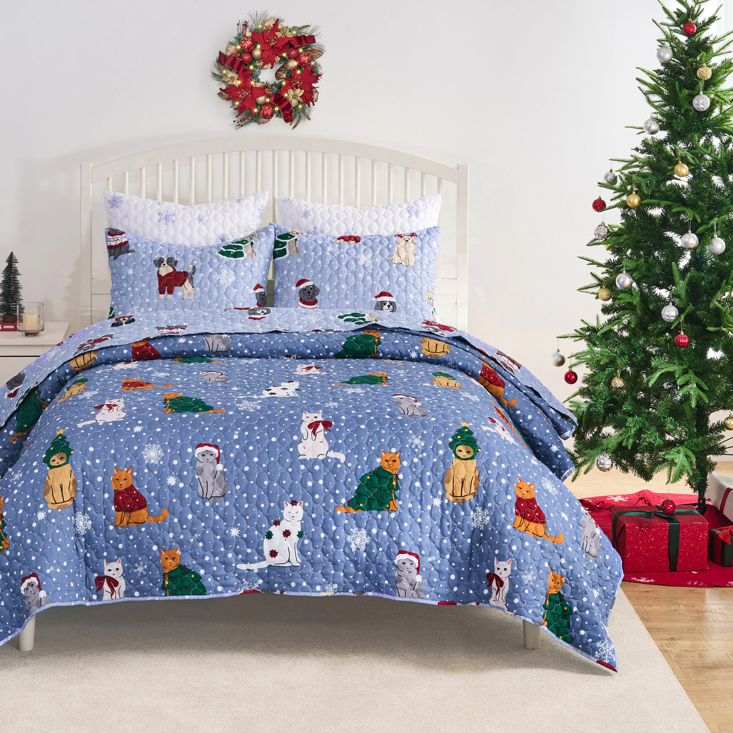 Greenland Home Fashion Winter Whiskers 100% Microfiber Shell Polyester Fill Quilt Set 3-Piece Full/Queen Blue