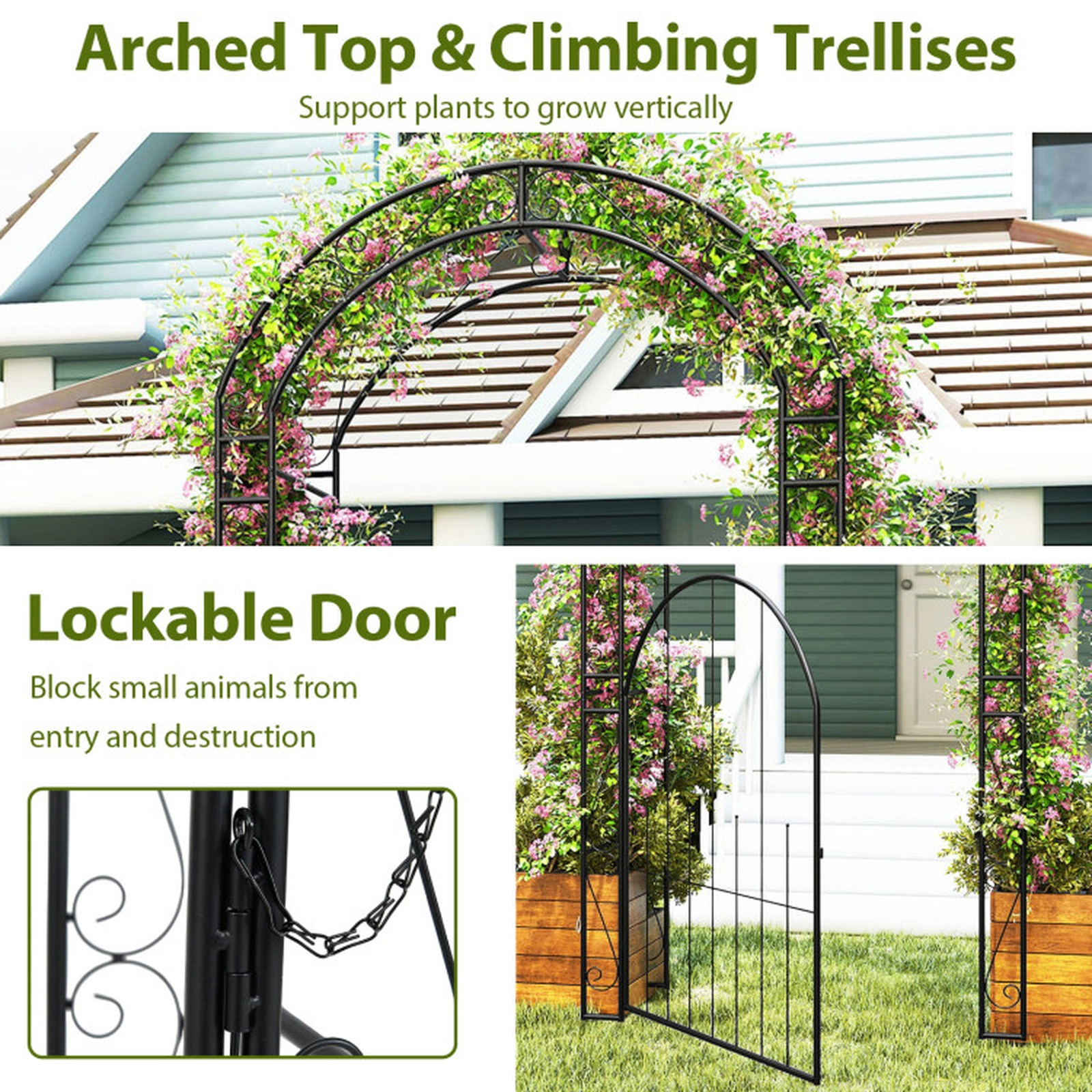 SUGIFT Black Metal Garden Arch Arbor with Lockable Gate and Scroll Patterns 45-in W 17-in D 84-in H 35-in Door W