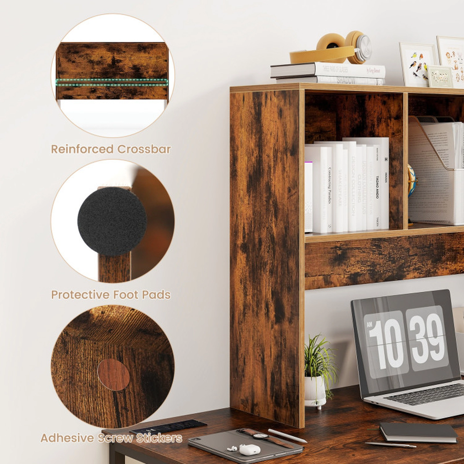 SUGIFT Desktop Bookcase with 4 Cubbies and Open Back Compartment 145-lb Capacity 37-in Frame 29-in Tall Coffee
