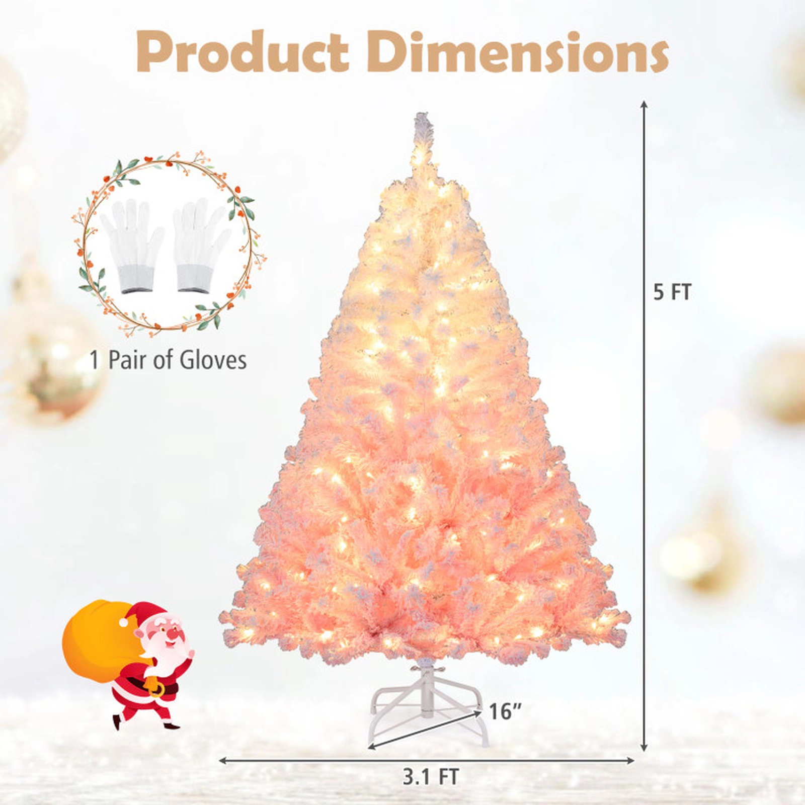 SUGIFT 5-ft Snow Flocked Gradient Hinged Artificial Christmas Tree 456 Tips 180 Warm White LEDs 16-in Stand Pink