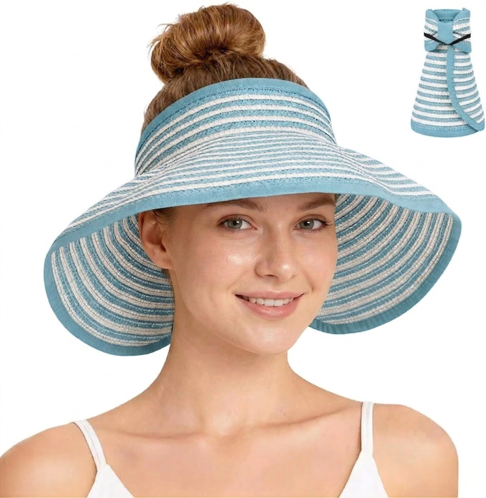 Anna-Kaci Women's Roll-Up Straw Visor Hat Wide Brim Striped Sun Bow Adjustable Open Top Beach Cap, Hot Pink Stripe
