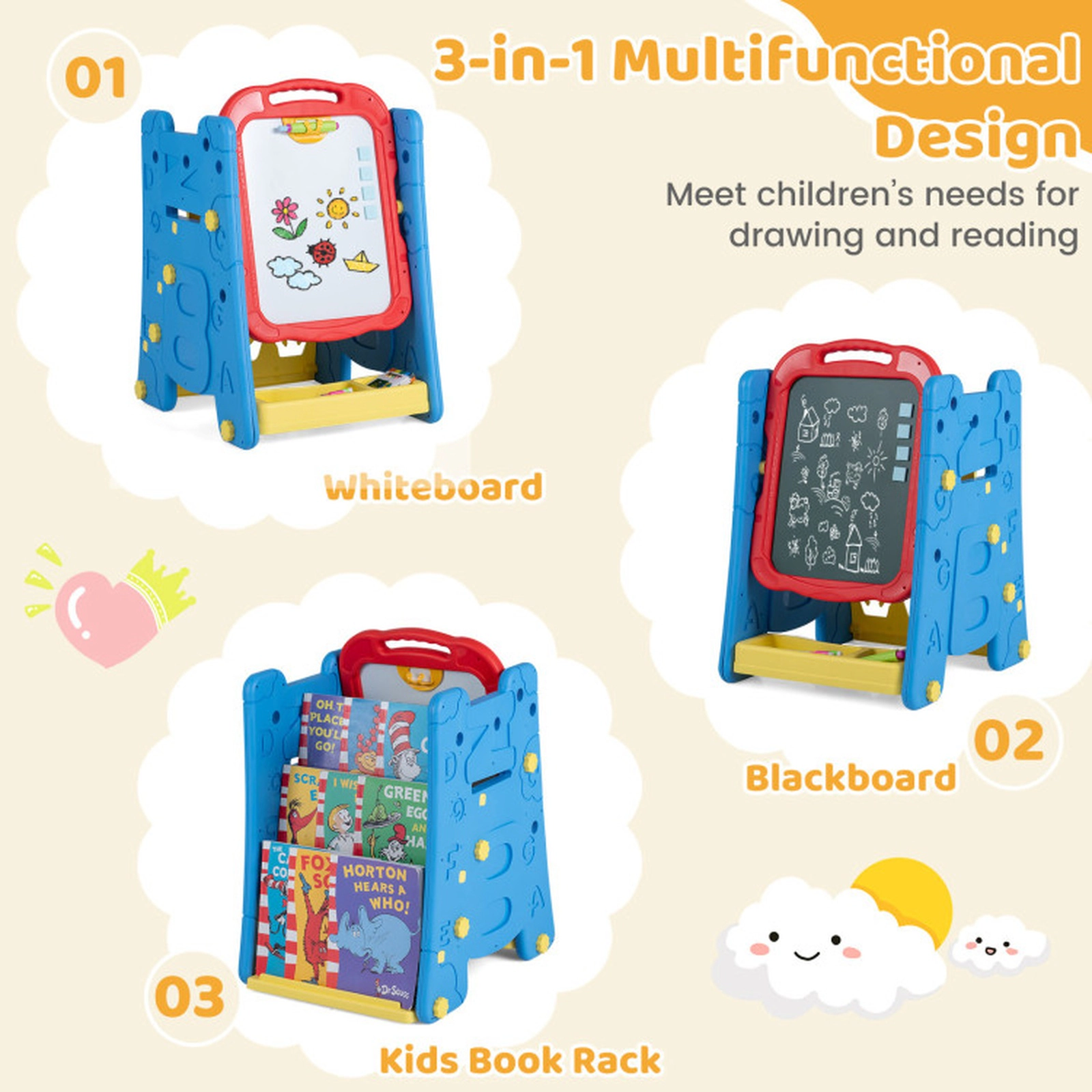 SUGIFT Blue Double-Sided Magnetic Board and Accessories 4-in-1 Kids Art Easel