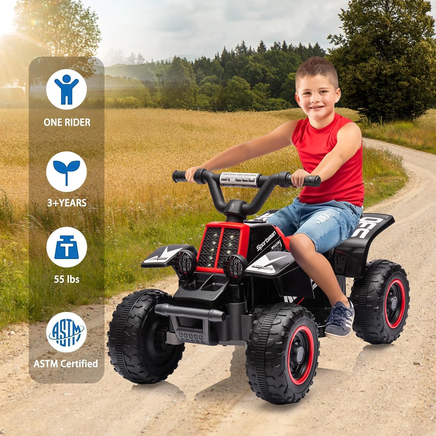 Enjyam 6V Kids Ride On ATV Quad Car, Electric 4-Wheeler w/1.76MPH Speed, Music, LED Lights, Push-Button Start