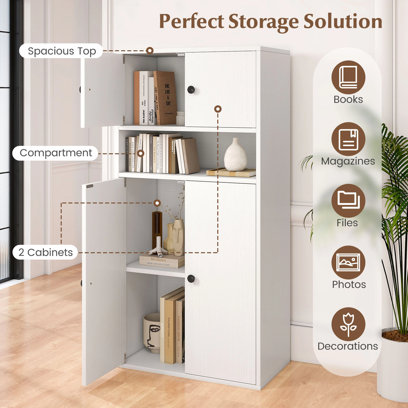 SUGIFT White 44 in Tall Bookshelf with Doors and 5-Position Adjustable Shelf