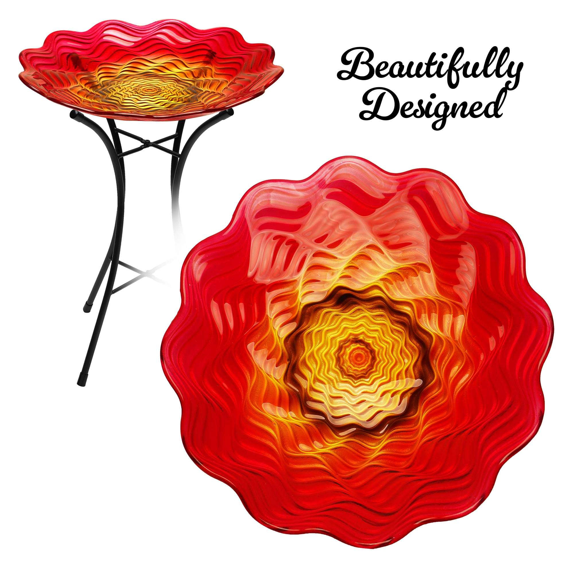 G128 19in Red Painted Glass Bird Bath with Stainless Metal Stand, Outdoor Garden Feeder Bowl
