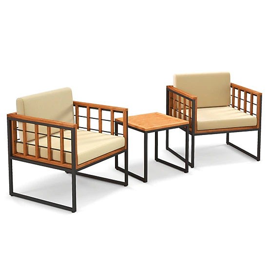 LJG 3 Pieces Patio Chair Set Acacia Wood Outdoor Sofa Set with Soft Cushions