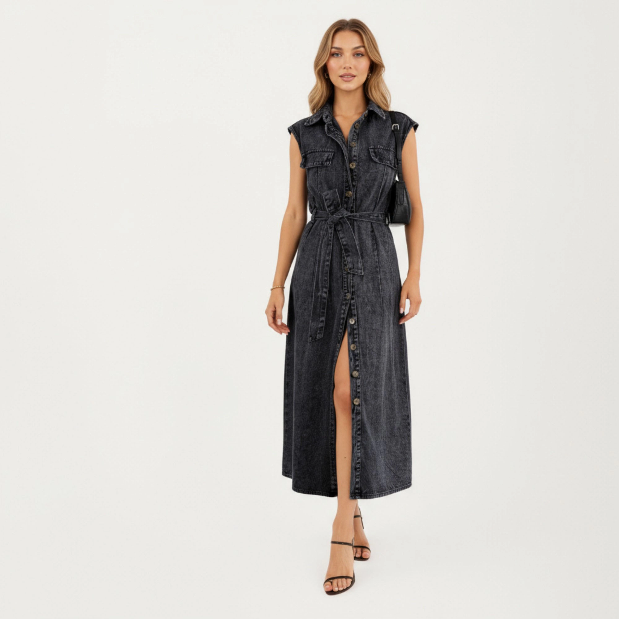 Anna-Kaci Womens Sleeveless Button-Front Denim Maxi Dress with Waist Tie
