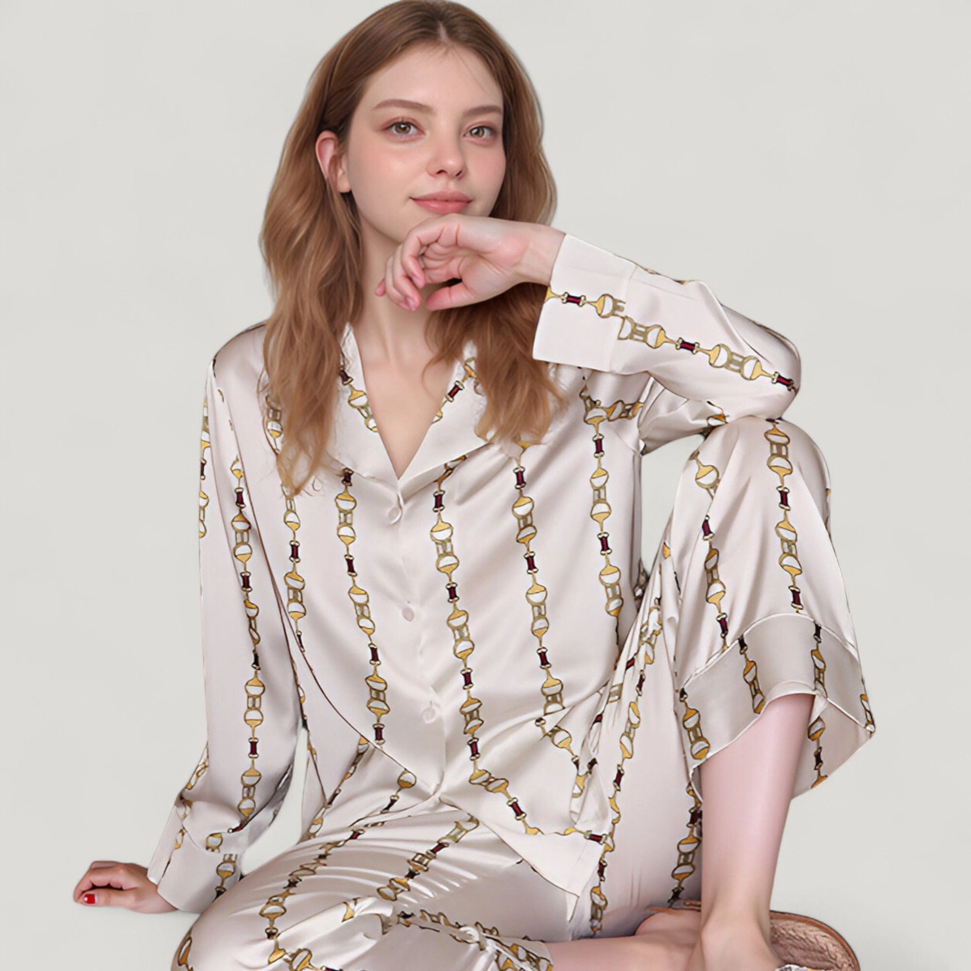 Anna-Kaci Women's Vertical Chain Print Pajama Set Long Sleeve Notch Collar Button Down Top and Silky Relaxed Woven Pants