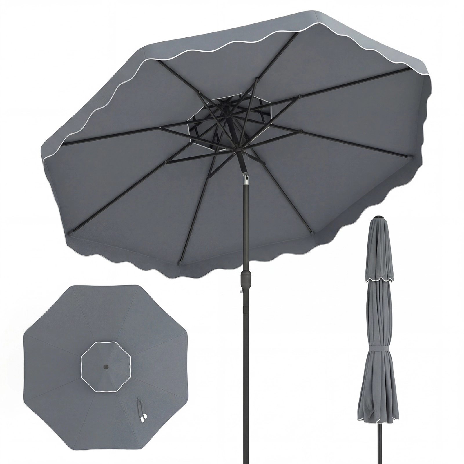 SUGIFT 10-ft Gray Patio Umbrella, 8 Ribs, Double-Vented Canopy, Crank Lift and Push-Button Tilt