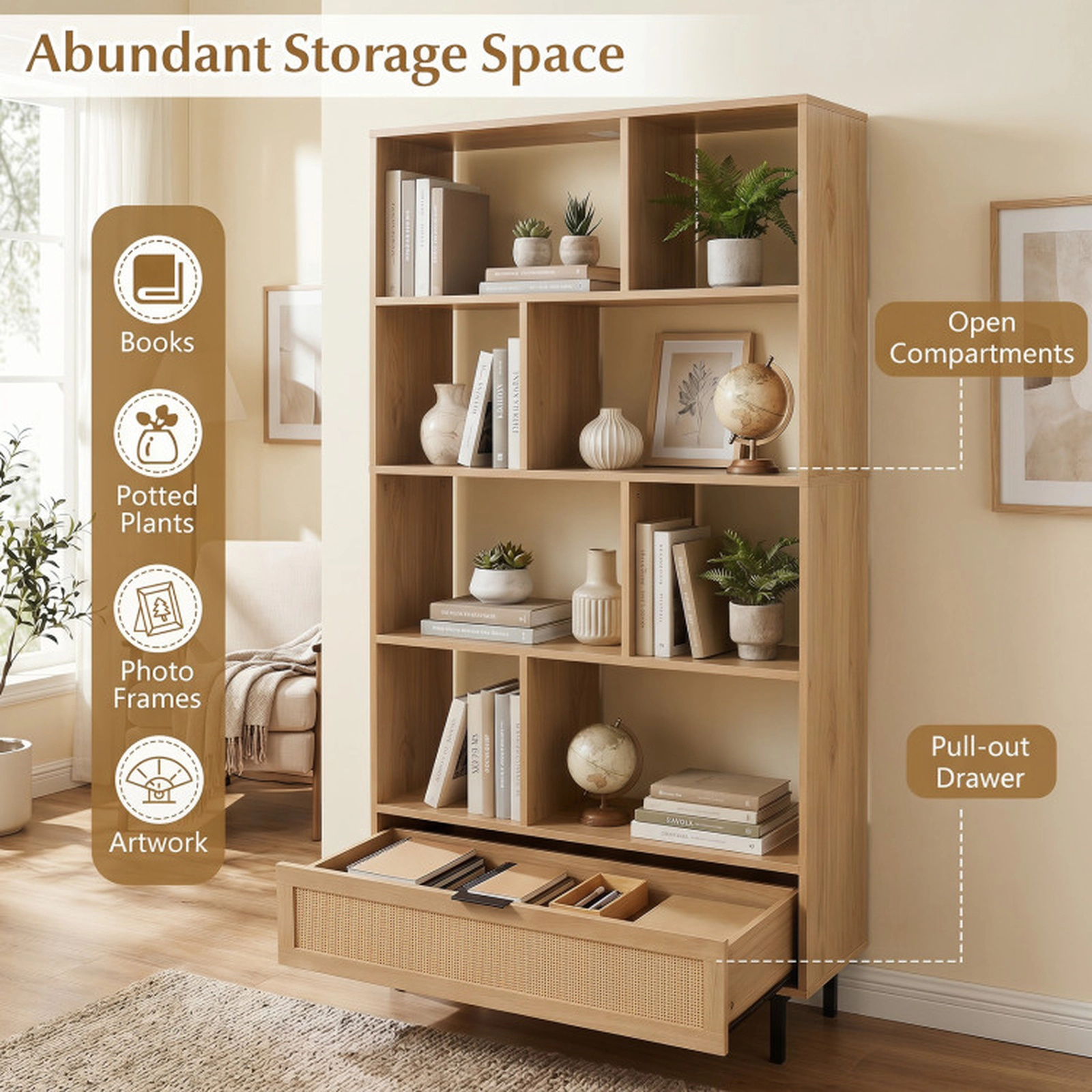 SUGIFT 64-in 6-Tier 33-lb Capacity Natural Wooden Bookcase with 8 Open Cubes Rattan Drawer and Metal Legs