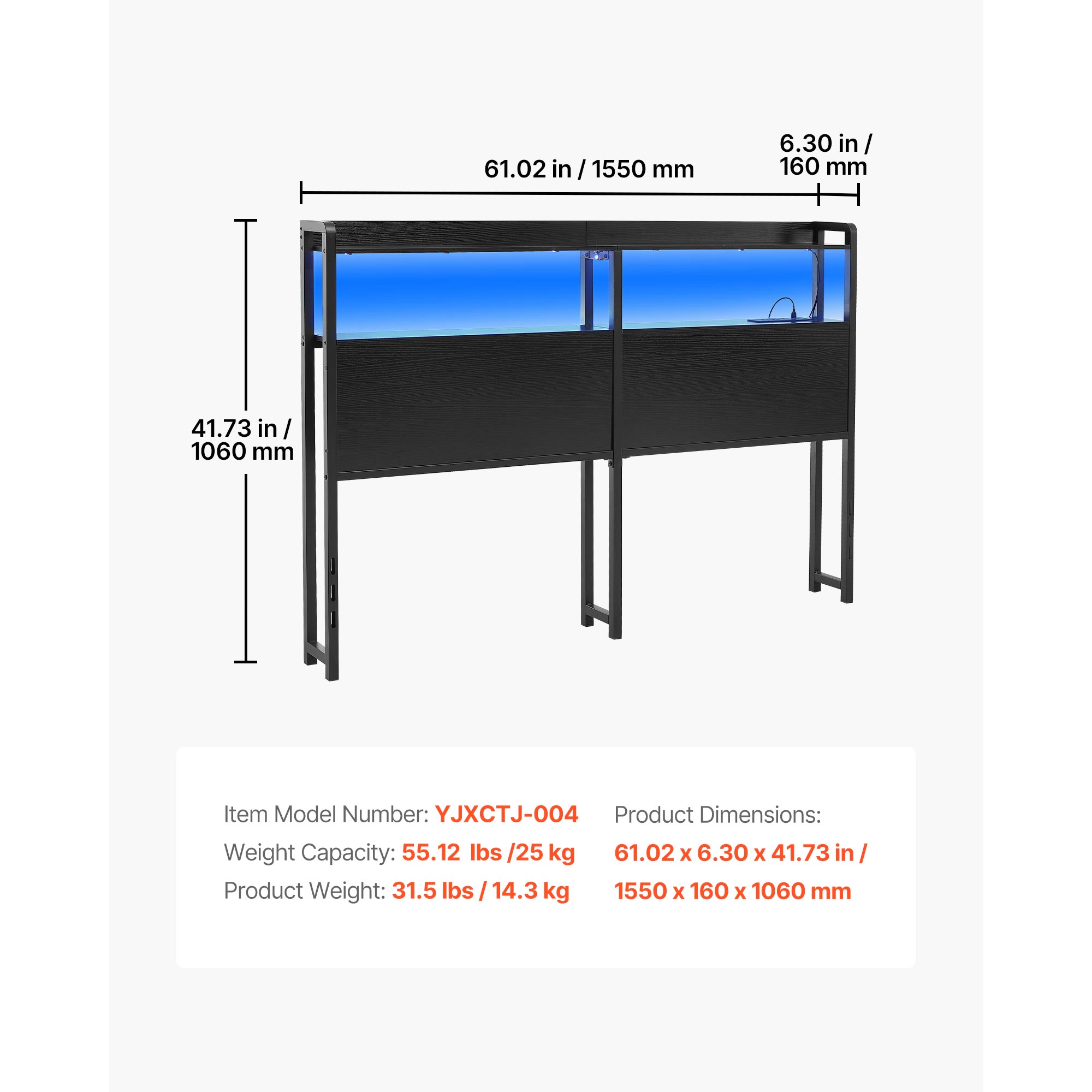 HONGGE Headboard for Bed with 2 Storage Shelves LED Light 3 Outlets and 3 USB Ports Sturdy and Stable Carbon Steel