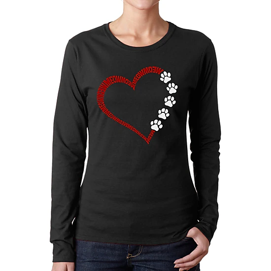 LA Pop Art Women's Word Art Long Sleeve T-Shirt - Meow Heart