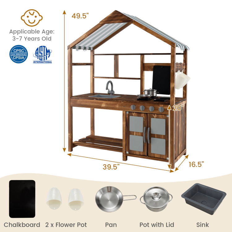 Hivvago Kid's Mud Kitchen Outdoor Solid Wood Mud Kitchen with Canopy