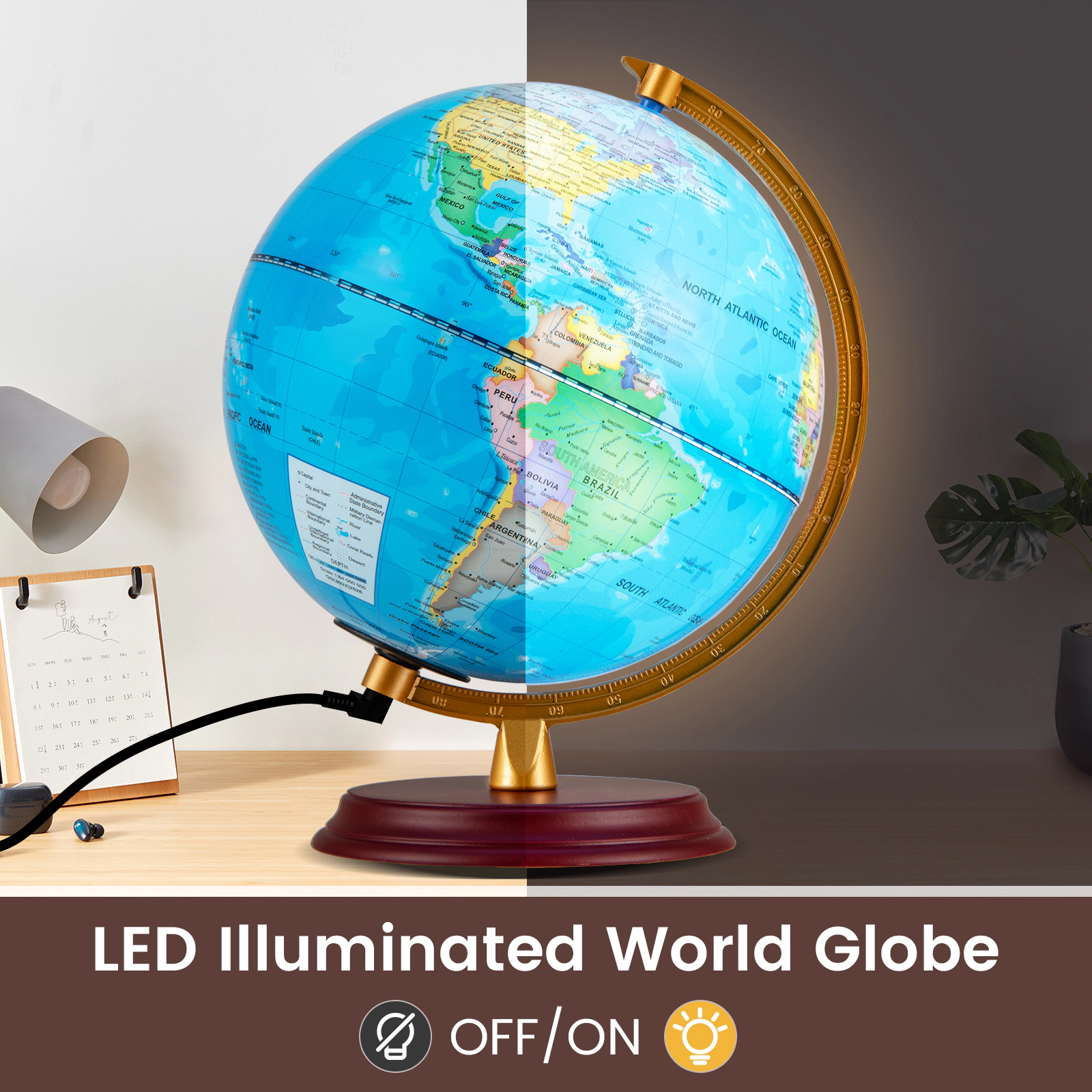 SUGIFT Kids LED Illuminated HD Map Wooden Base Night Light World Globe 8-in Diameter 8.5-in x 8.5-in x 10.5-in Blue