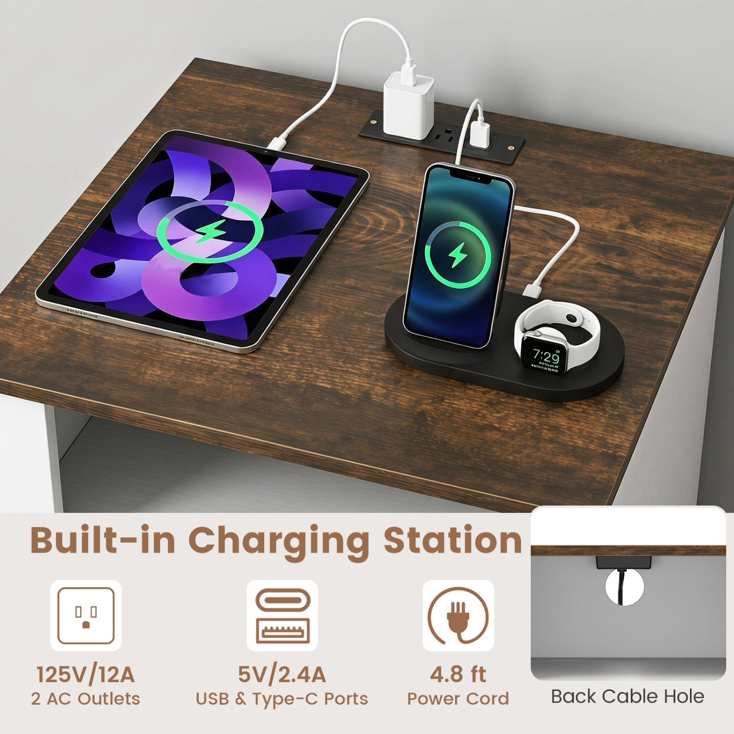 Hivvago Nightstand with Charging Station and 2 Drawers Storage Compartment for Bedroom