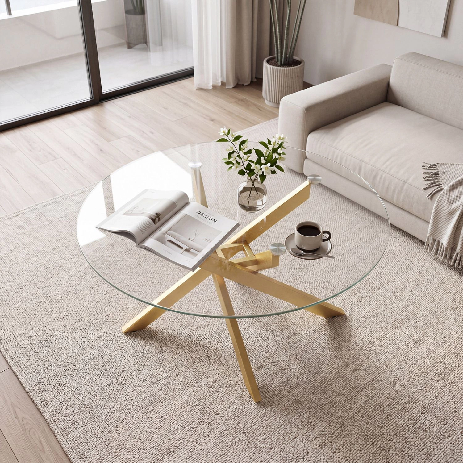 SlickBlue Round Glass Coffee Table with Geometric Metal Frame