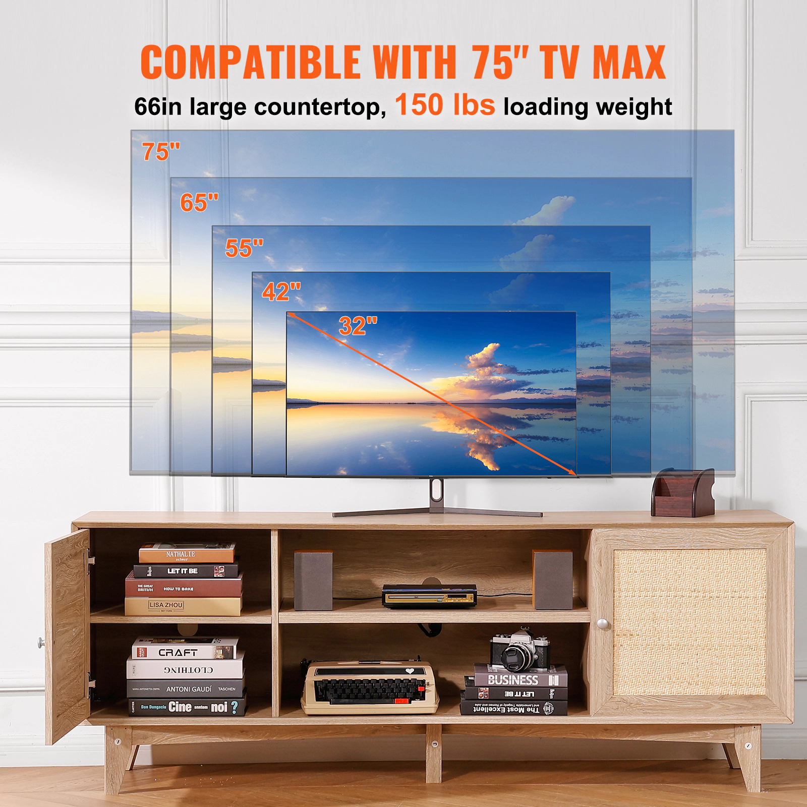 HONGGE Rattan TV Stand for TV Boho TV Stand with Rattan with Build-in Socket Modern TV for Living Room Media Room