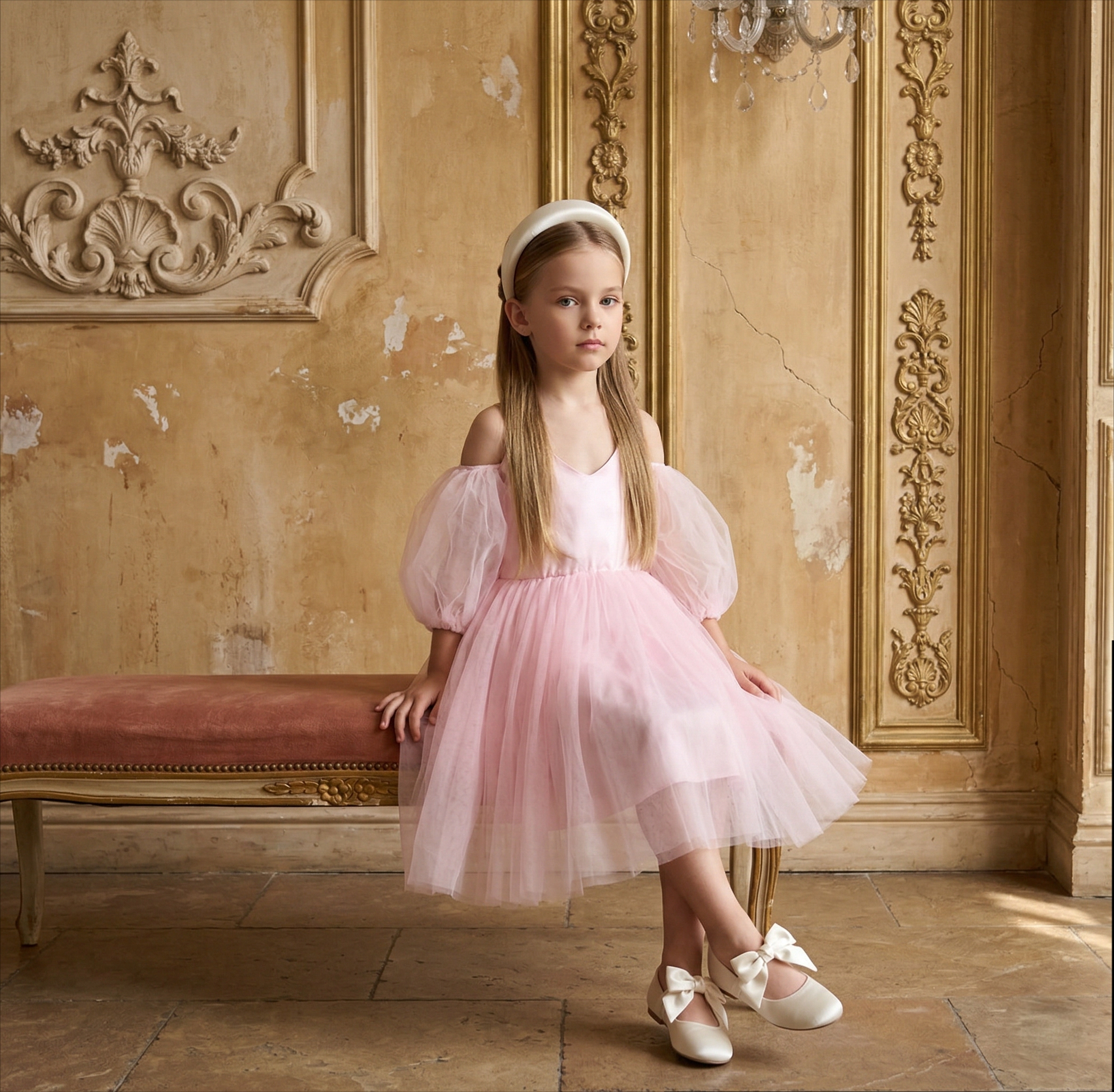 2Bunnies Girls' 3T-8Y Sheer Puff Sleeve Off-Shoulder Tulle Party Flower Girl Dress