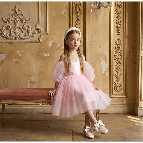 2Bunnies Girls' 3T-8Y Sheer Puff Sleeve Off-Shoulder Tulle Party Flower Girl Dress