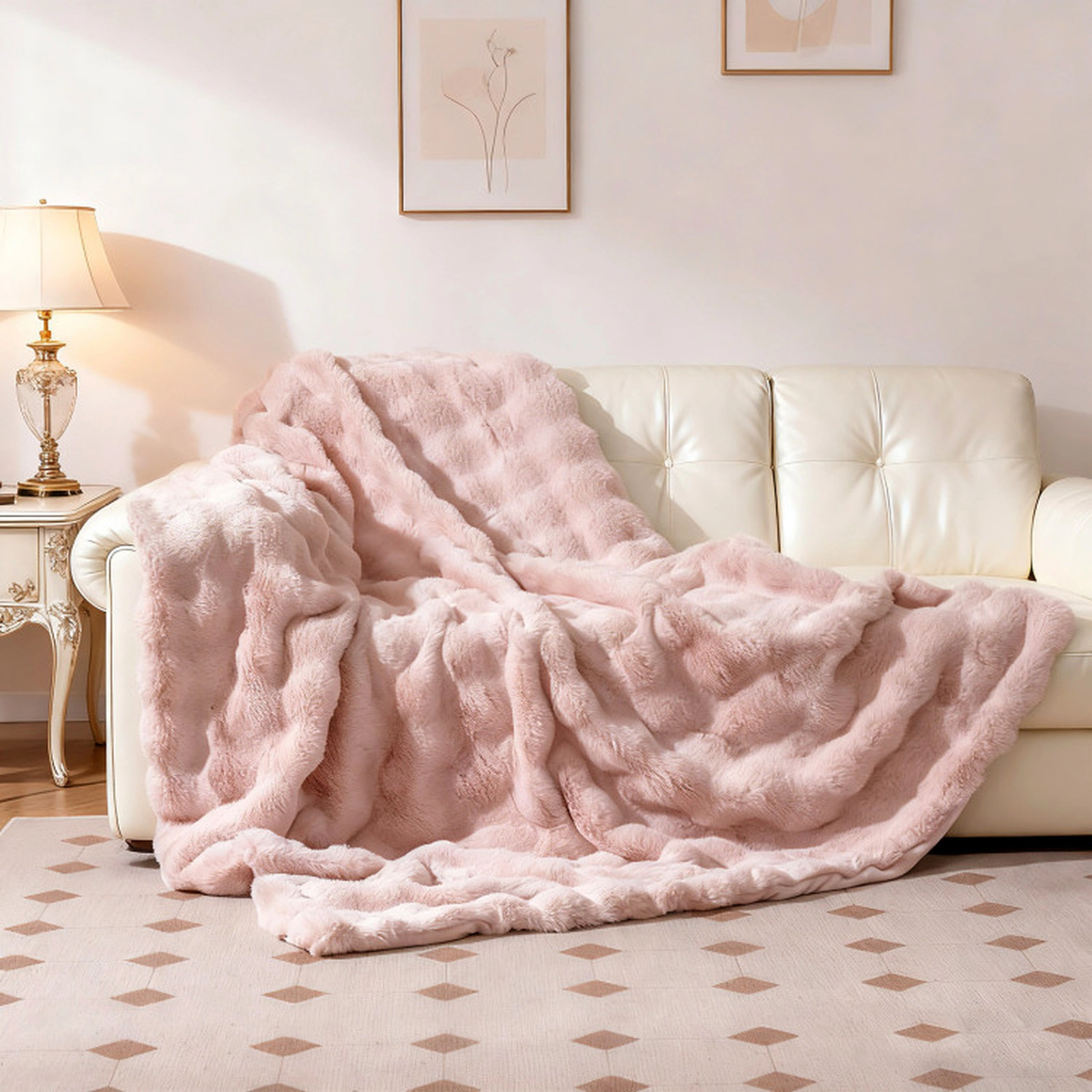 SUGIFT Pink 60-in by 80-in 620-GSM Fluffy Faux Rabbit Fur Bubble Throw Blanket with Flannel Back