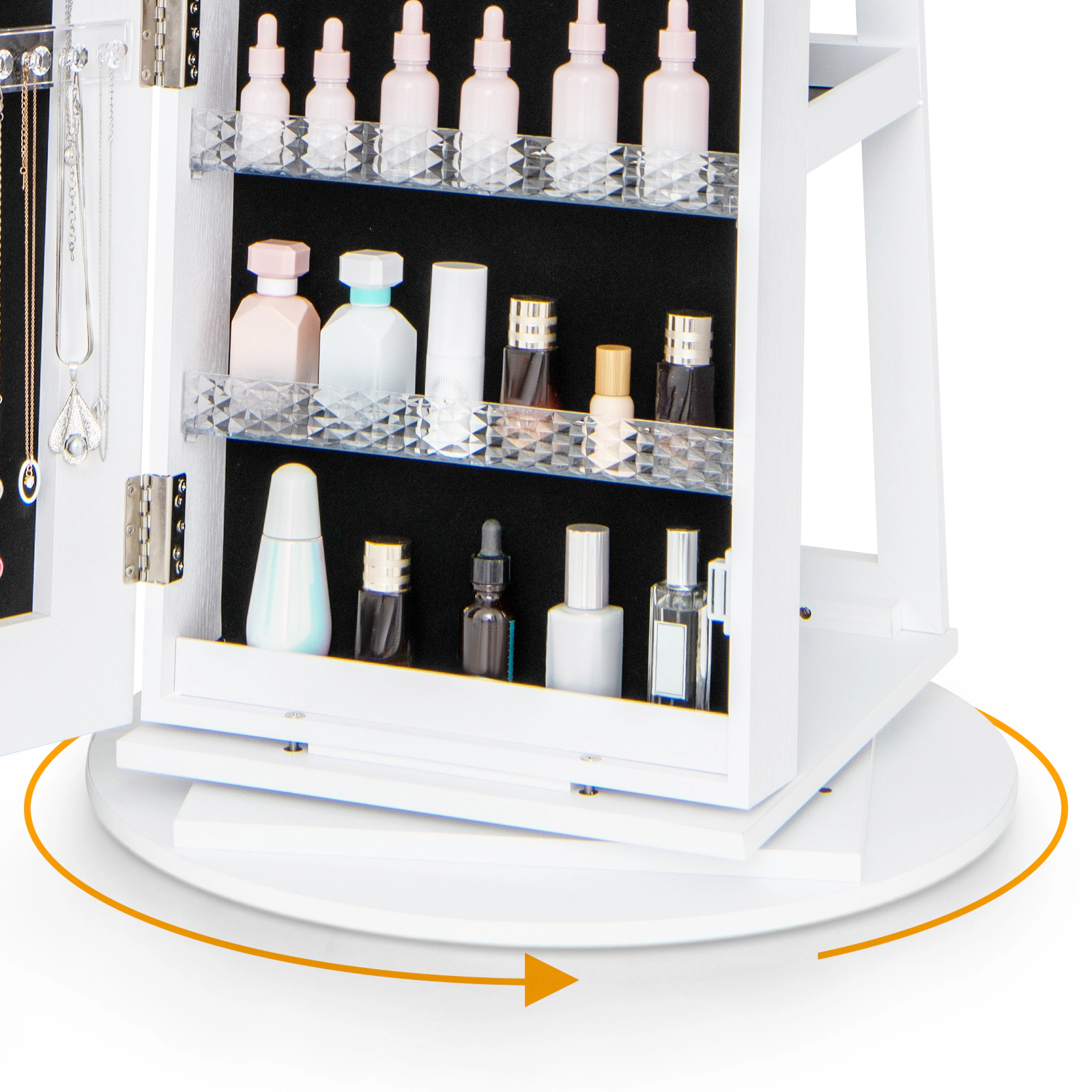 SUGIFT Standing Jewelry Cabinet with Adjustable LED Lights and Rotating Base Full-Length Mirror and Makeup Shelf White