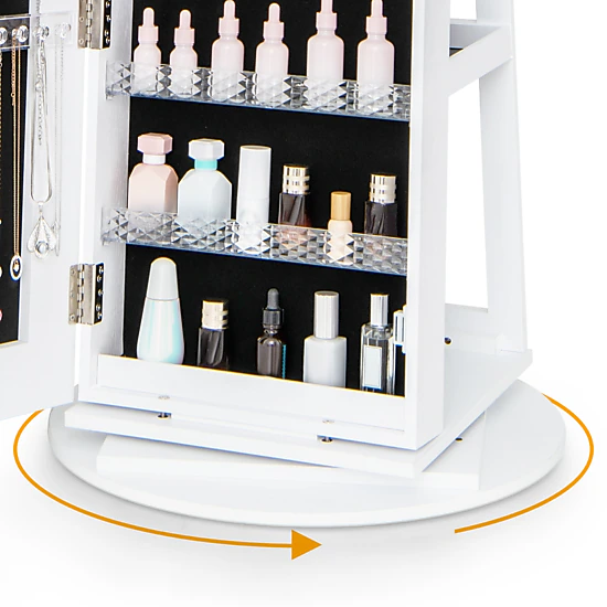 SUGIFT Standing Jewelry Cabinet with Adjustable LED Lights and Rotating Base Full-Length Mirror and Makeup Shelf White