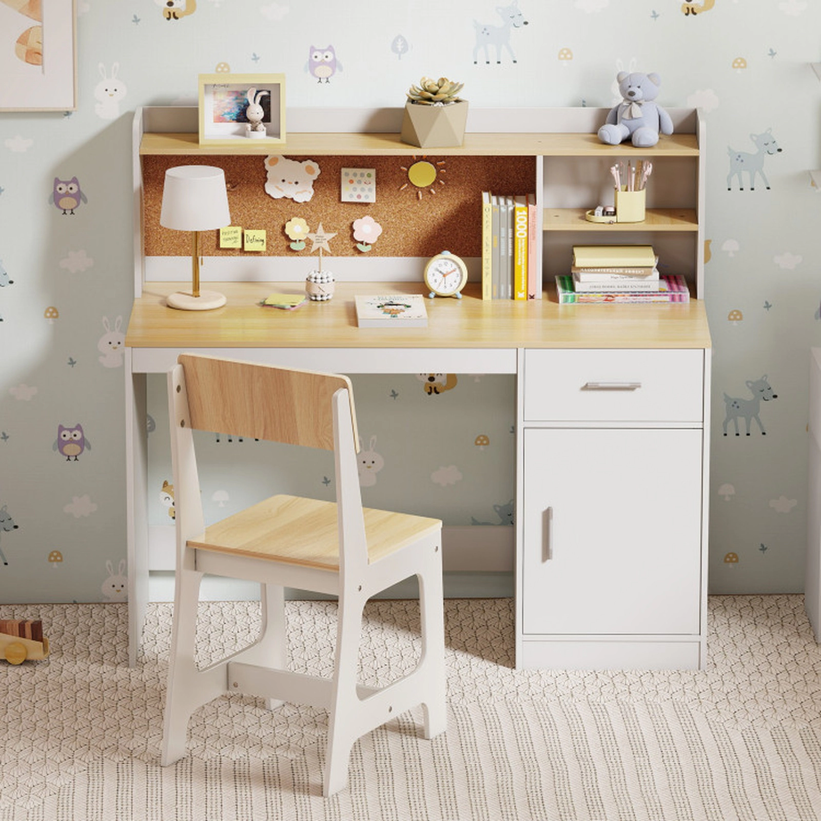 SUGIFT Natural Cork Bulletin Board Drawer and Cabinet Kids Study Desk and Chair Set