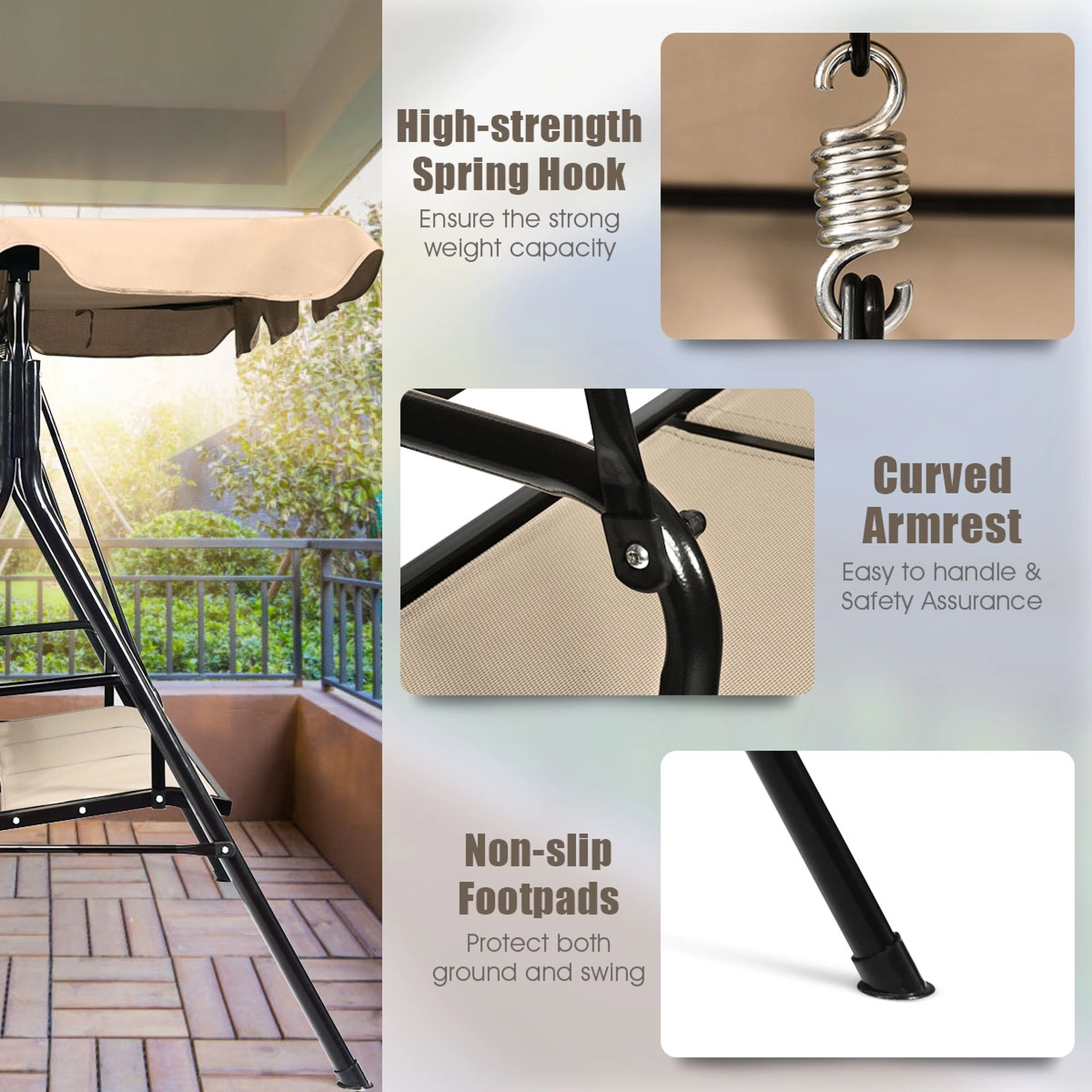 SUGIFT 3 Person Steel Frame Patio Swing with Adjustable Canopy 550-lb Capacity 67-in Wide Textilene Polyester Seat Brown