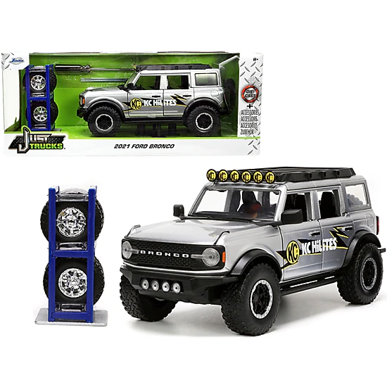 Jada 2021 Ford Bronco Gray Metallic "Kc Hilites" With Extra Wheels "Just Trucks" Series 1/24 Diecast Model Car By Jada