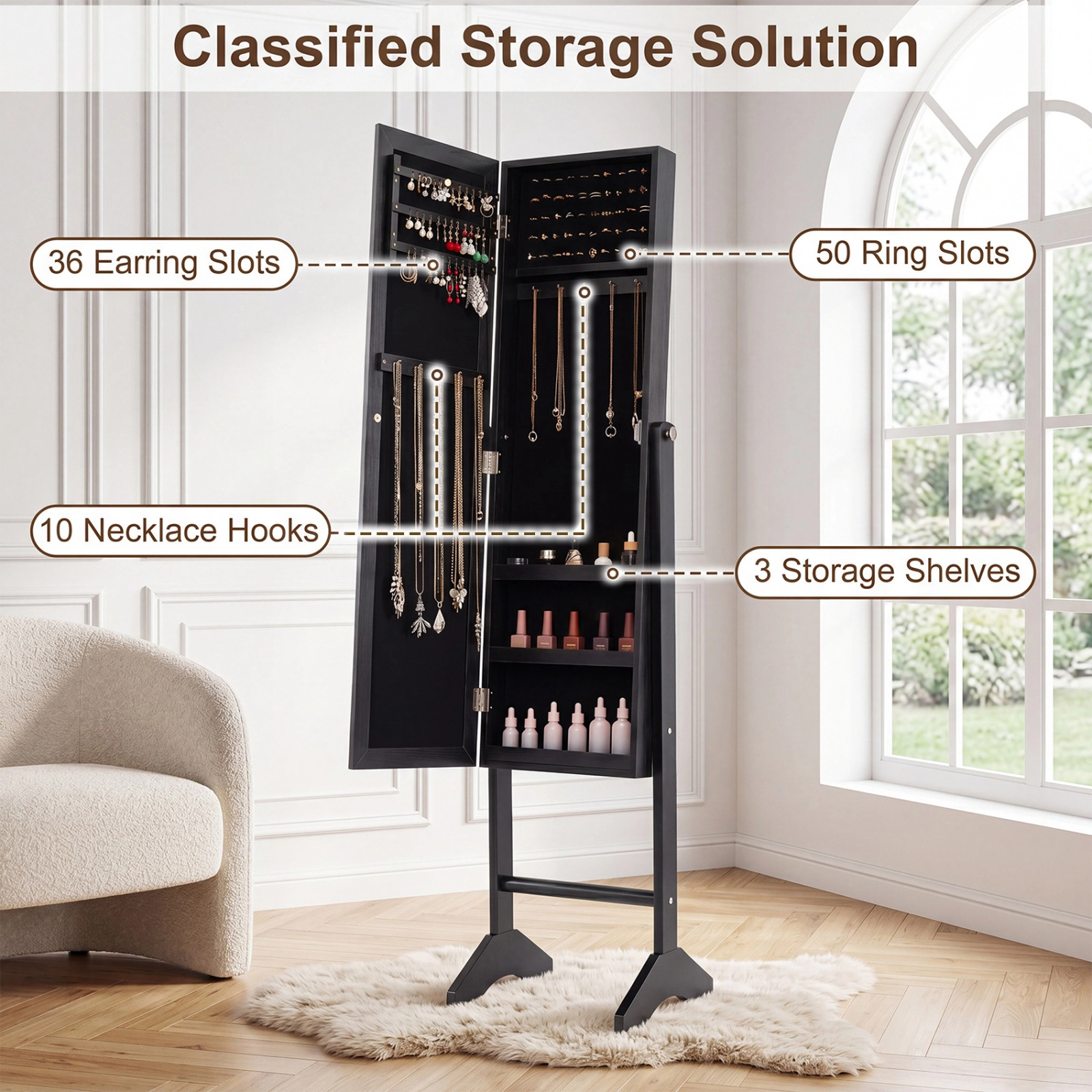 SUGIFT Freestanding Jewelry Armoire Velvet Lining & Full Length 40 x 9-in Mirror 61-in Tall 14 x 13-in Base 1-Pc Black
