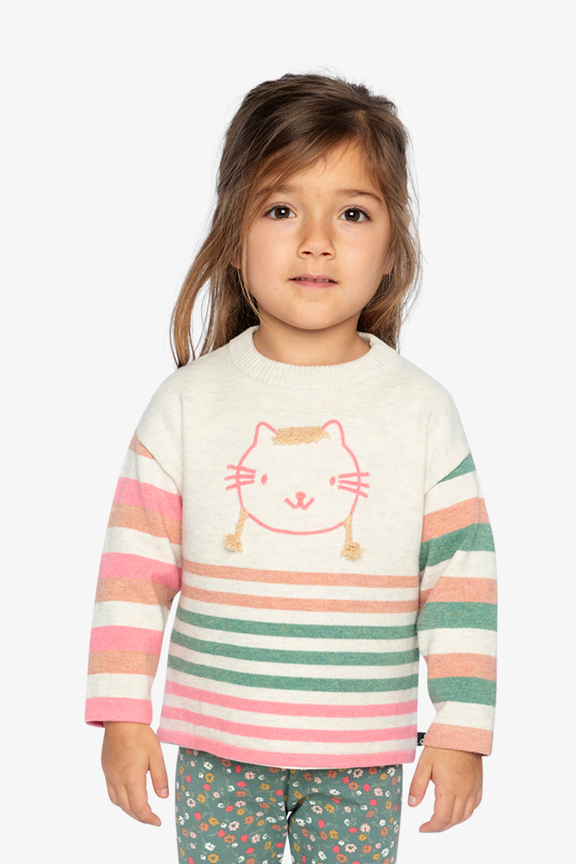 Deux par Girls Cat Appliqué Striped Knitted Sweater