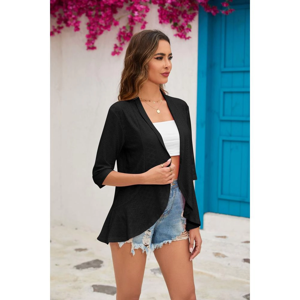 KOJOOIN Women Open Front Eyelet Knit Cardigan Lightweight 3/4 Sleeve Hollow‑Out Drape Cover‑Up