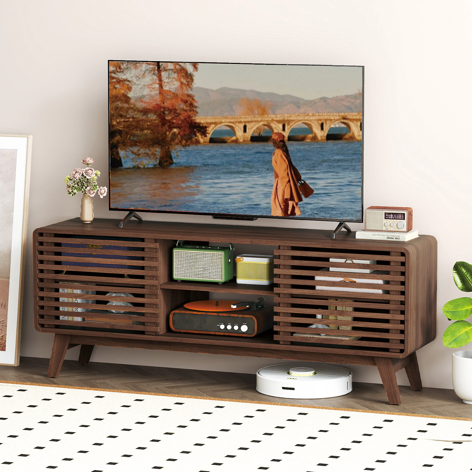 LJG TV Stand for TVs up to 65" with Sliding Doors and Adjustable Shelves for Living Room