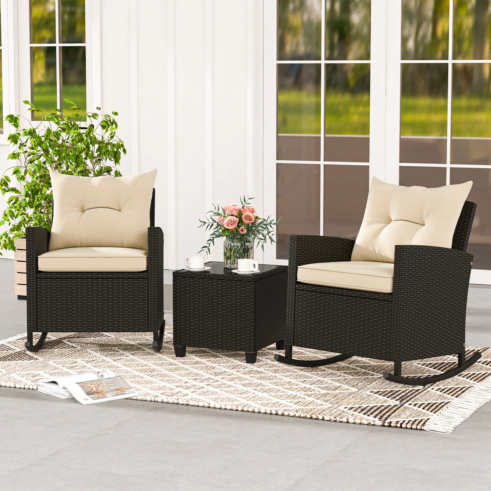 SUGIFT 3-Piece Mix Brown Outdoor Wicker Rocking Chair Set with Glass Table and Cushions
