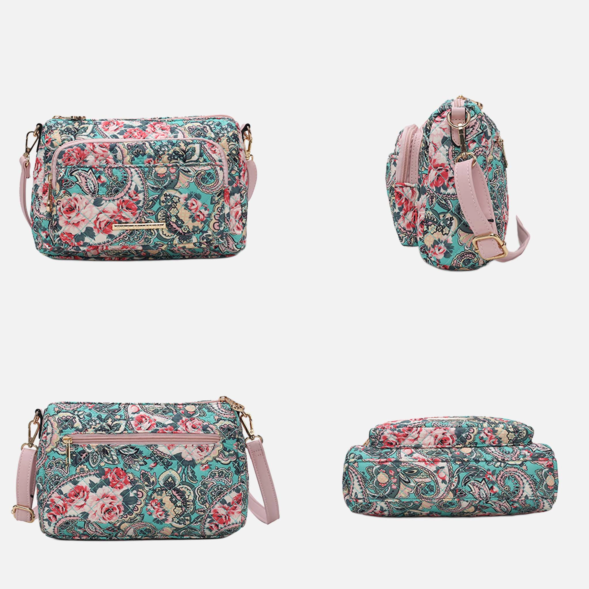 MKF Collection by Mia K.  Rosalie Shoulder Bag - Quilted Botanical Cotton with Adjustable Vegan Leather Crossbody Strap