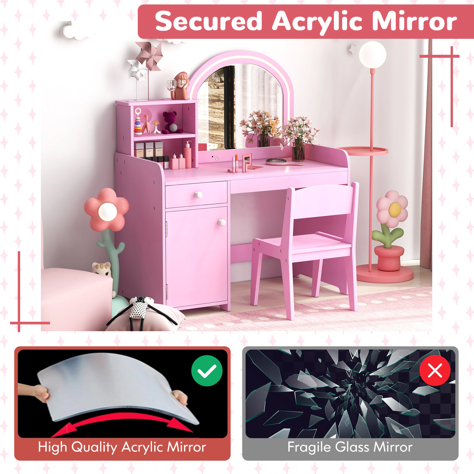 SUGIFT White Kids Vanity Table and Chair Set with 120 LED Lights, Acrylic Mirror and Storage