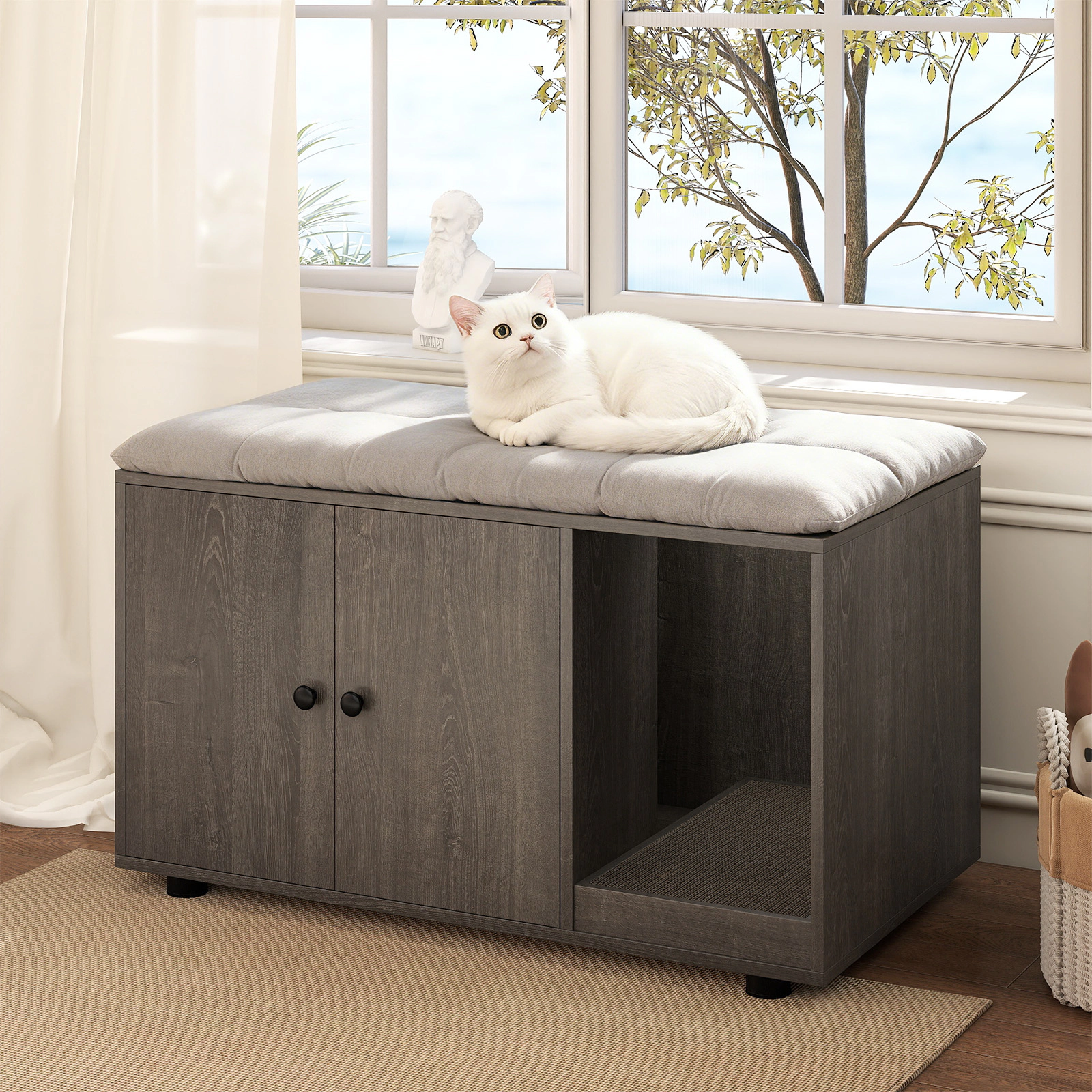 SUGIFT 35.5 x 20-in 88-lb Capacity Oak Wooden Hidden Litter Box Enclosure Furniture with Removable Scratching Board