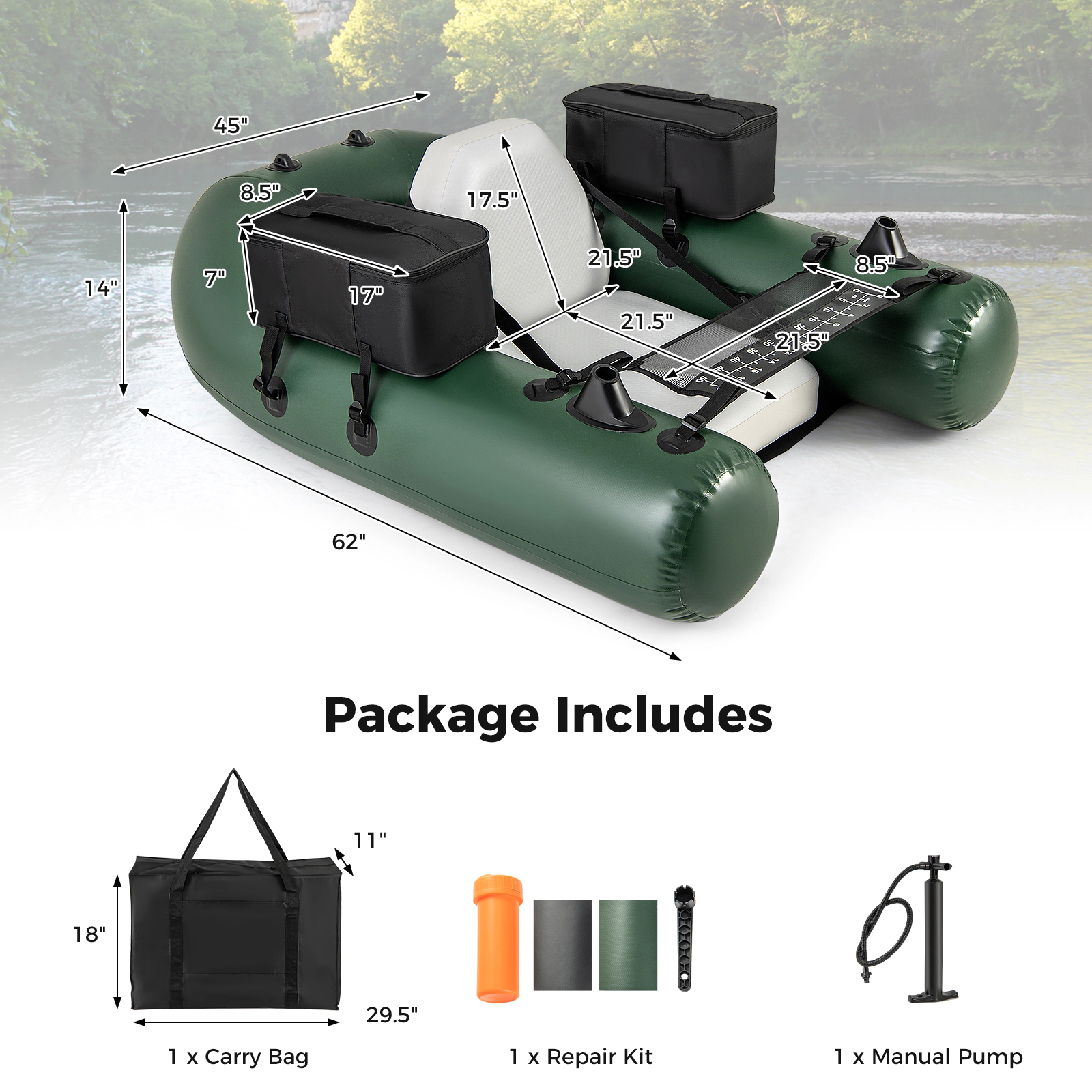 SUGIFT Inflatable Fishing Float Tube, 220 lb Capacity, 3 Air Chambers, Pump and Rod Holder