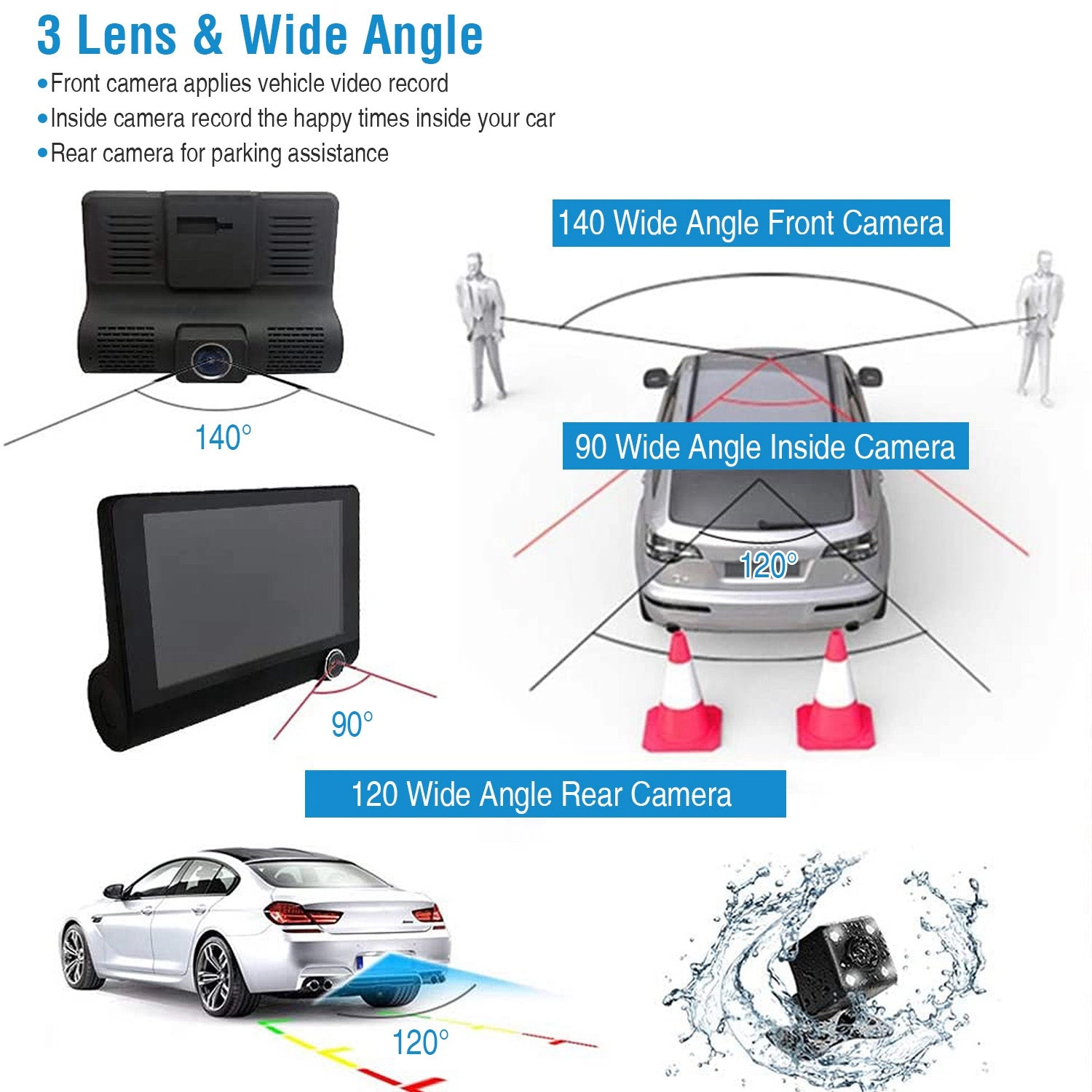 GBruno 4 Inch 3-Lens 1296P Car Dash Camera