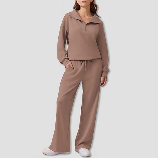 Pinspark Womens Casual Half Zip Sweatshirt Sets Long Sleeve Wide Leg Pants Loungewear