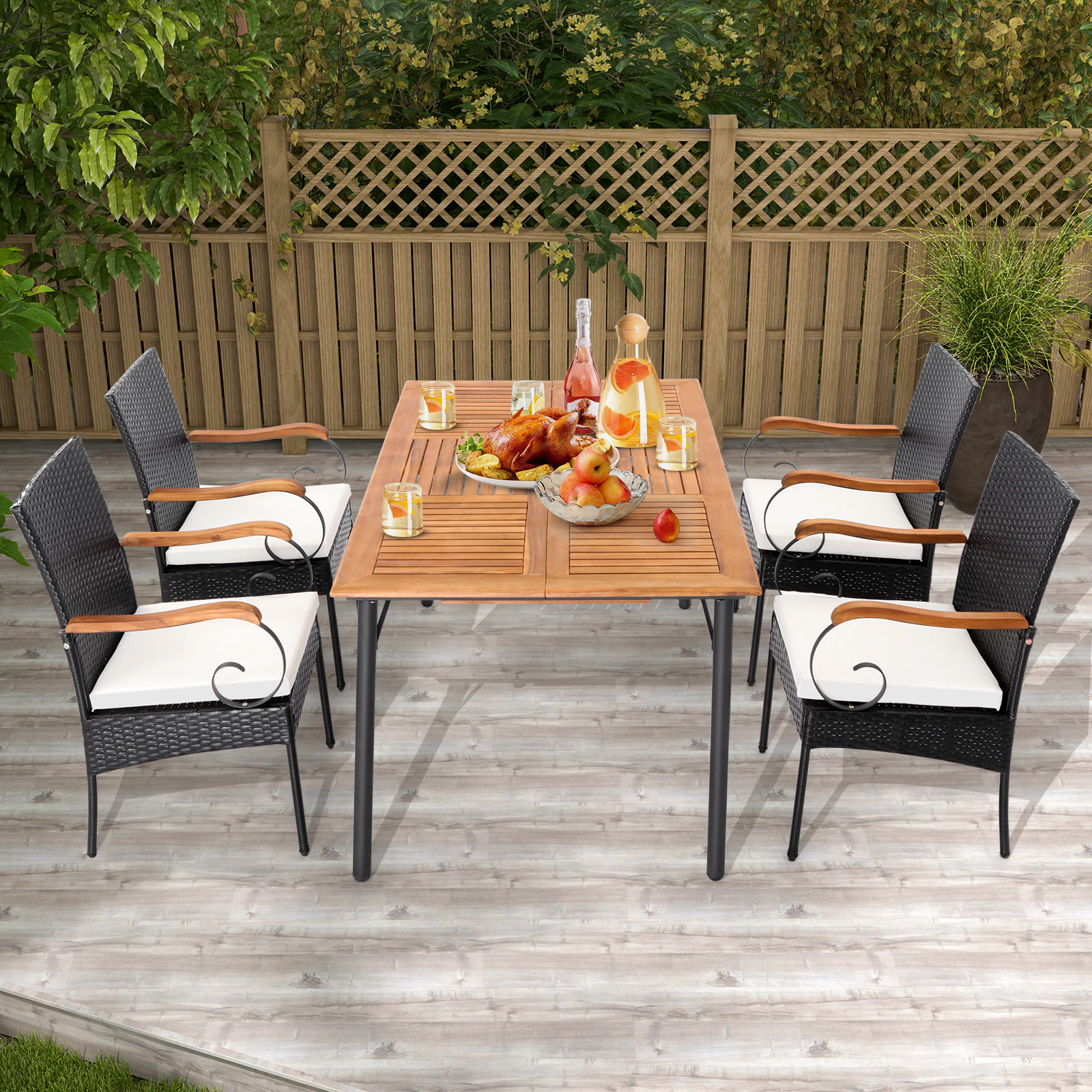 LJG Set of 2/4 Outdoor PE Wicker Chair with Acacia Wood Armrests