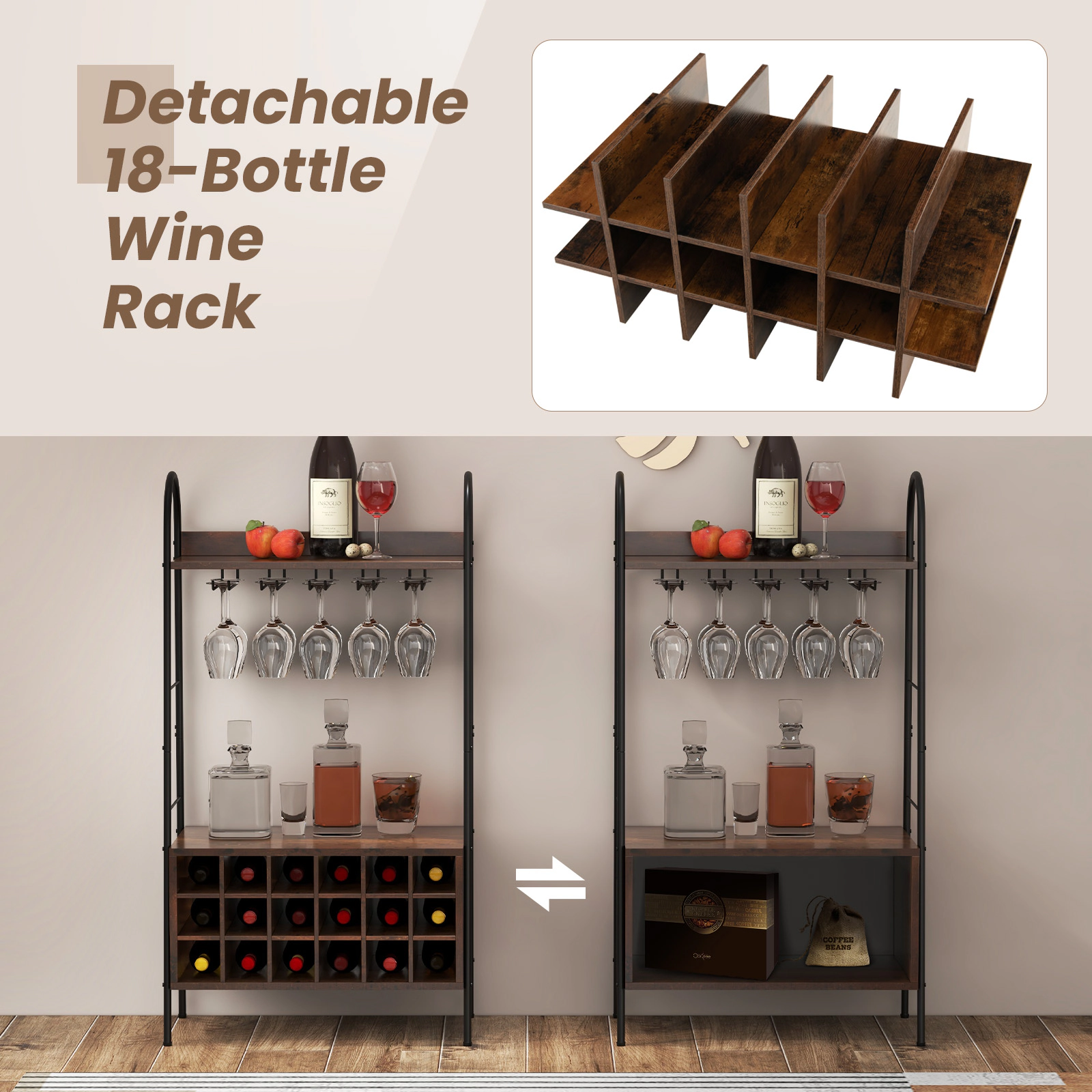 SUGIFT Bakers Rack Rustic Brown with Detachable 18-Bottle Wine Rack and Stemware Holder