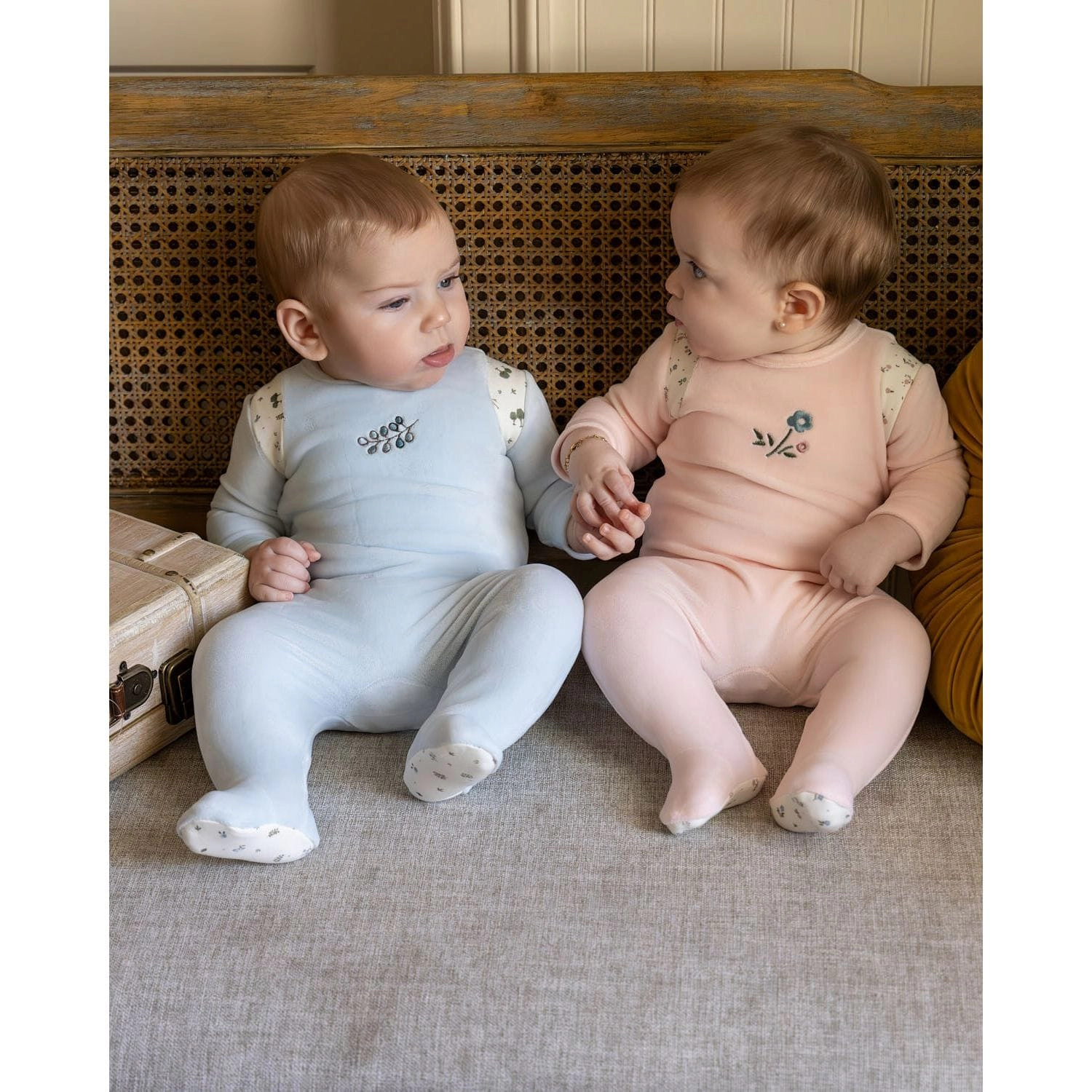 MeMoi Baby Girls "Fairy Flowers" Embroidered Velour Footie